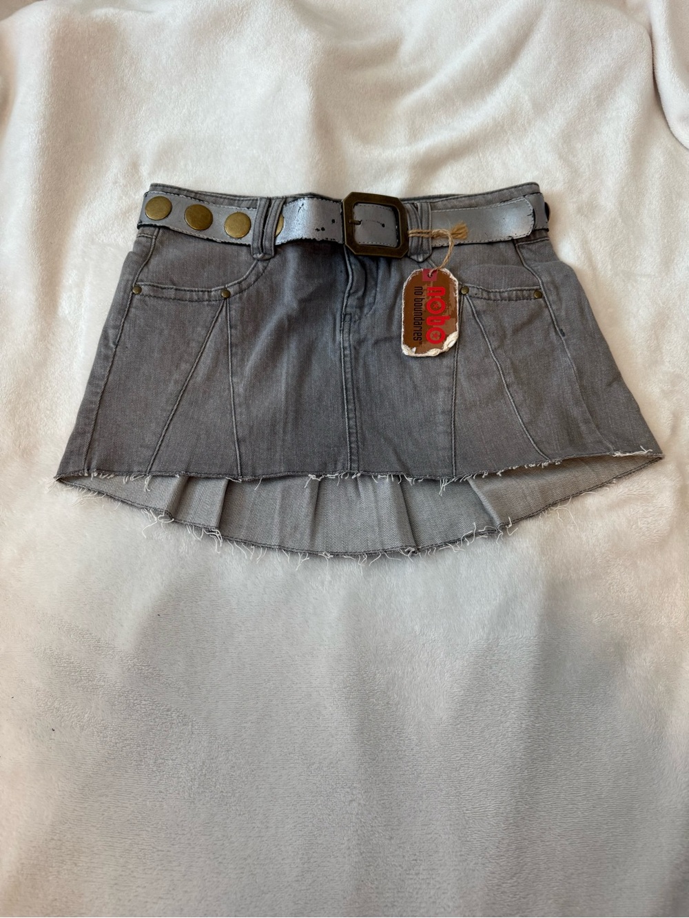 No Boundaries Gray Denim Mini Skirt with Metallic Belt